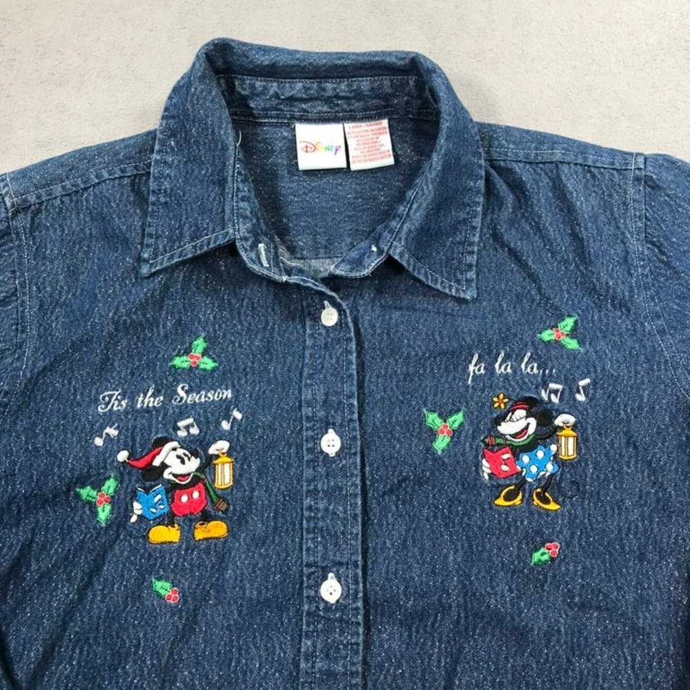 Disney Christmas Denim Shirt Womens Large Blue Jean Shiny Tinsel Button Up Y2K